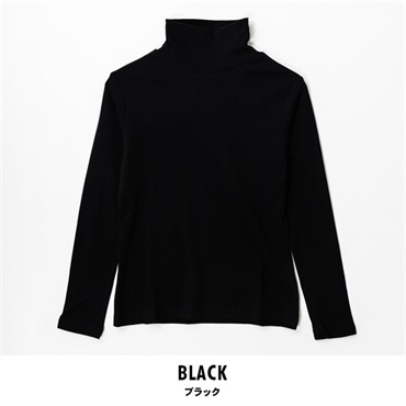 パレコレ/ホットライフ レディース吸湿発熱+綿100%タートルネック無地長袖Tシャツ(ブラック-M)