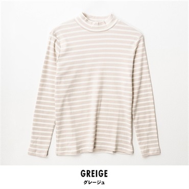 パレコレ/ホットライフ レディース吸湿発熱+綿100%ハイネックボーダー長袖Tシャツ(グレージュ-M)