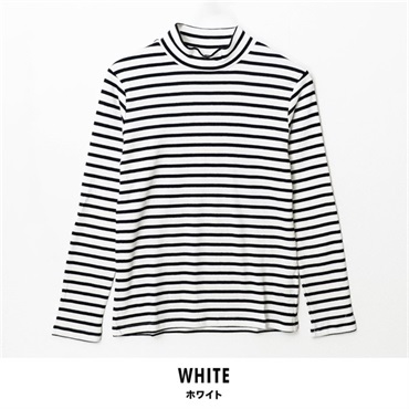 パレコレ/ホットライフ レディース吸湿発熱+綿100%ハイネックボーダー長袖Tシャツ(ホワイト-M)