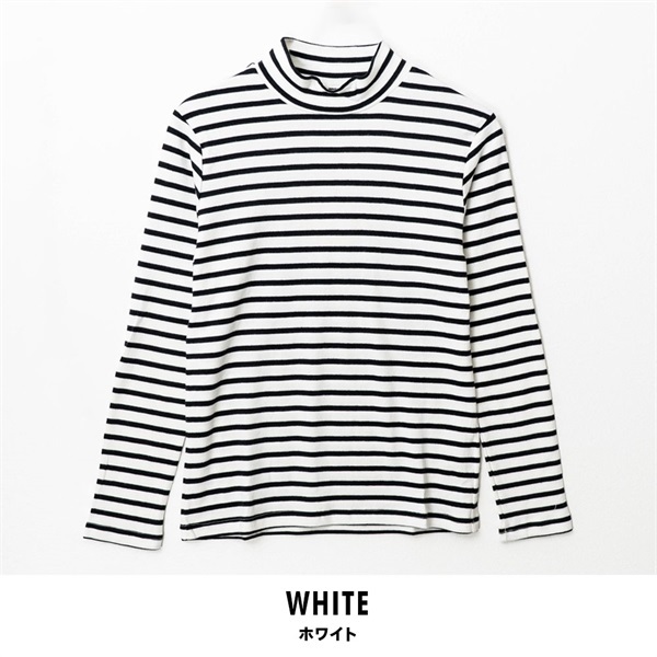 パレコレ/ホットライフ レディース吸湿発熱+綿100%ハイネックボーダー長袖Tシャツ(ホワイト-M)