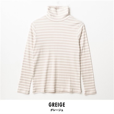 パレコレ/ホットライフ レディース吸湿発熱+綿100%タートルネックボーダー長袖Tシャツ(グレージュ-M)