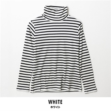 パレコレ/ホットライフ レディース吸湿発熱+綿100%タートルネックボーダー長袖Tシャツ(ホワイト-M)