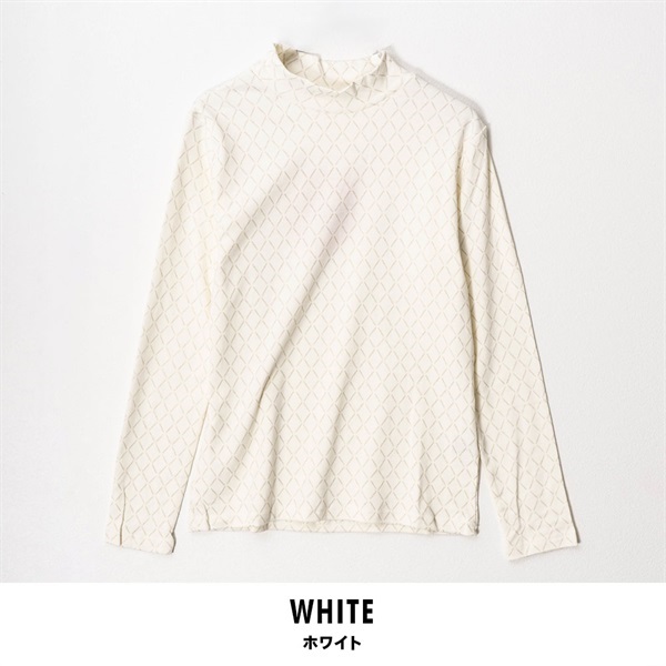 パレコレ/ホットライフ レディース吸湿発熱+綿100%ハイネックダイヤ柄長袖Tシャツ(ホワイト-M)