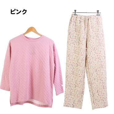 肌側綿100% コットン レディース パジャマ 長袖 花柄パンツ(ピンク-M)