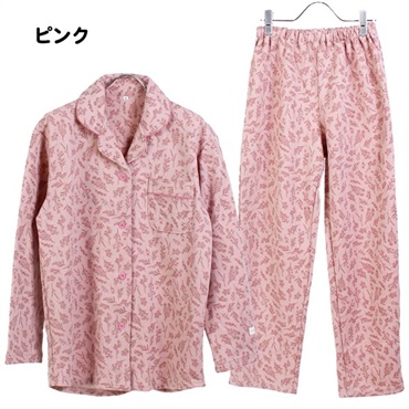 肌側綿100% コットン レディース パジャマ 長袖 花柄(ピンク-M)