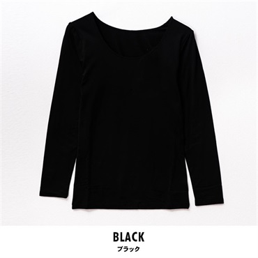 暖らん家族 レディース裏ピーチ起毛エステルベア天長袖UネックTシャツ(ブラック-M)