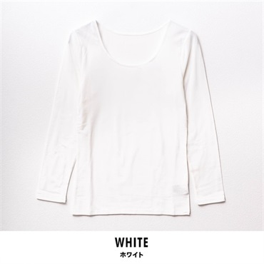 暖らん家族 レディース裏ピーチ起毛エステルベア天長袖UネックTシャツ(ホワイト-M)