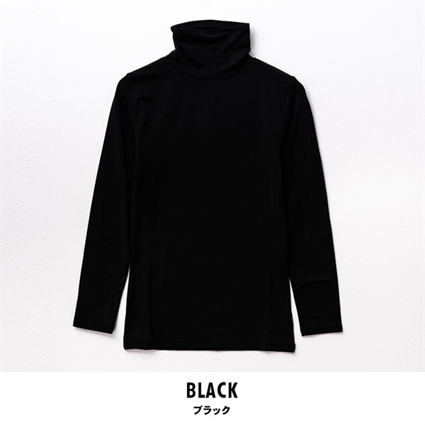 暖らん家族 レディース裏ピーチ起毛エステルベア天長袖タートルネックTシャツ(ブラック-M)