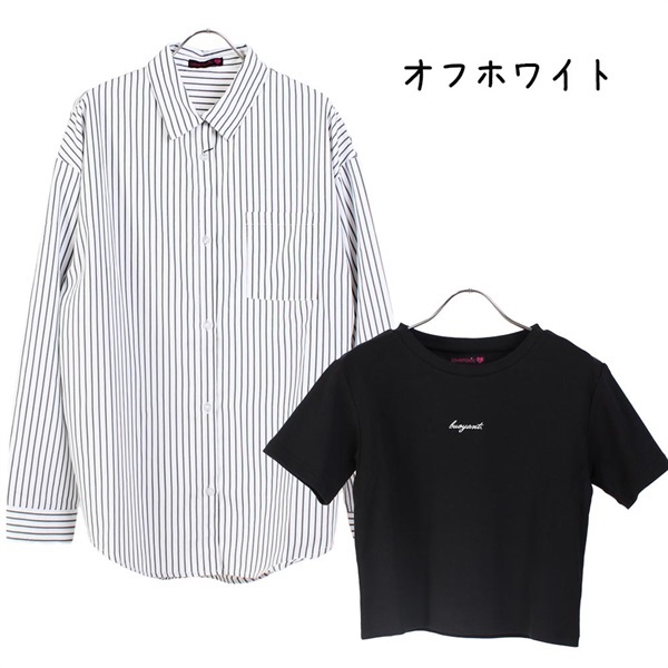 【在庫処分】ラブトキシック ストライプシャツ インナーロゴTシャツ セット(オフホワイト-S(140))